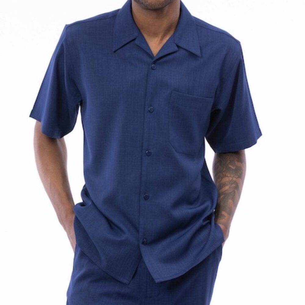 MONTIQUE Navy Walking Suit 2 Piece Solid Color Short Sleeve Set 696